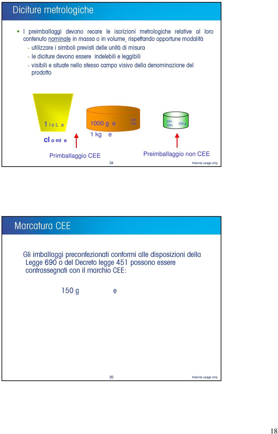 denominazione del prodotto 234 1 l o L e 1000 g e lotto lotto 250 g cl o ml e 1 kg e 234 Primballaggio CEE Preimballaggio non CEE 34 Internal usage only Marcatura CEE