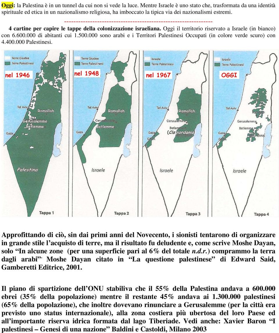 --------------------------------------------------------------- 4 cartine per capire le tappe della colonizzazione israeliana. Oggi il territorio riservato a Israele (in bianco) con 6.600.