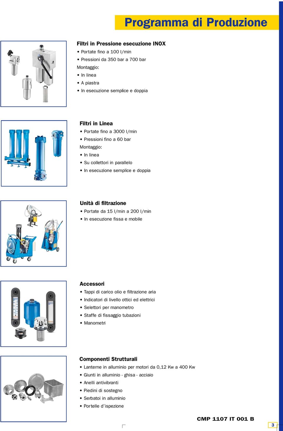 In esecuzione fissa e mobile ccessori Tappi di carico olio e filtrazione aria Indicatori di livello ottici ed elettrici Selettori per manometro Staffe di fissaggio tubazioni Manometri Componenti