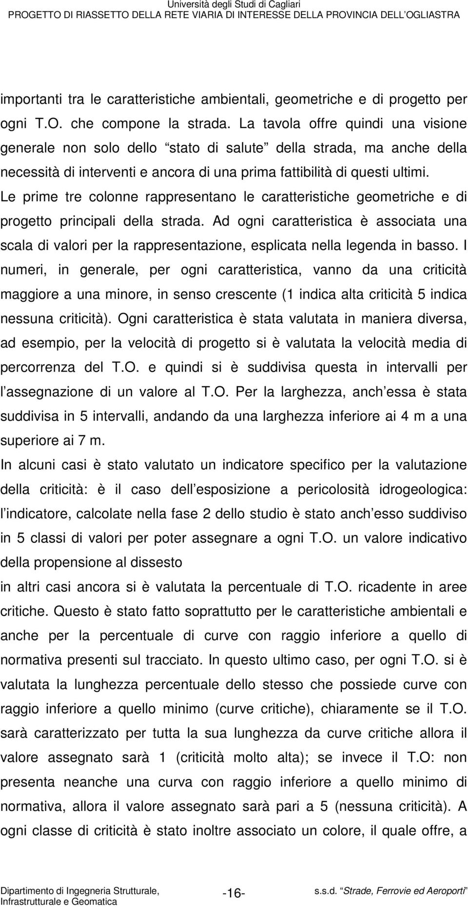 Le prime tre colonne rappresentano le caratteristiche geometriche e di progetto principali della strada.