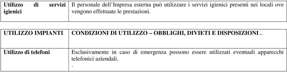 UTILIZZO IMPIANTI CONDIZIONI DI UTILIZZO OBBLIGHI, DIVIETI E DISPOSIZIONI.