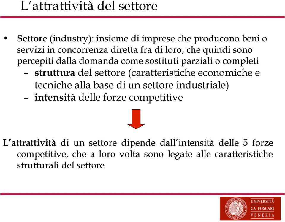 economiche e tecniche alla base di un settore industriale) intensità delle forze competitive L attrattività di un settore