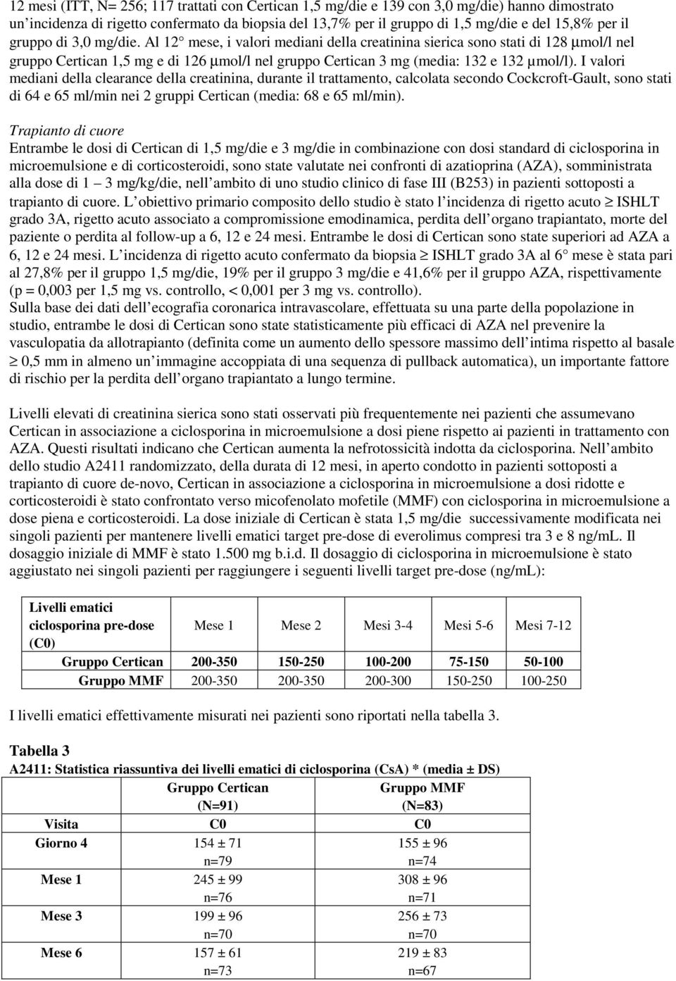 I valori mediani della clearance della creatinina, durante il trattamento, calcolata secondo Cockcroft-Gault, sono stati di 64 e 65 ml/min nei 2 gruppi Certican (media: 68 e 65 ml/min).