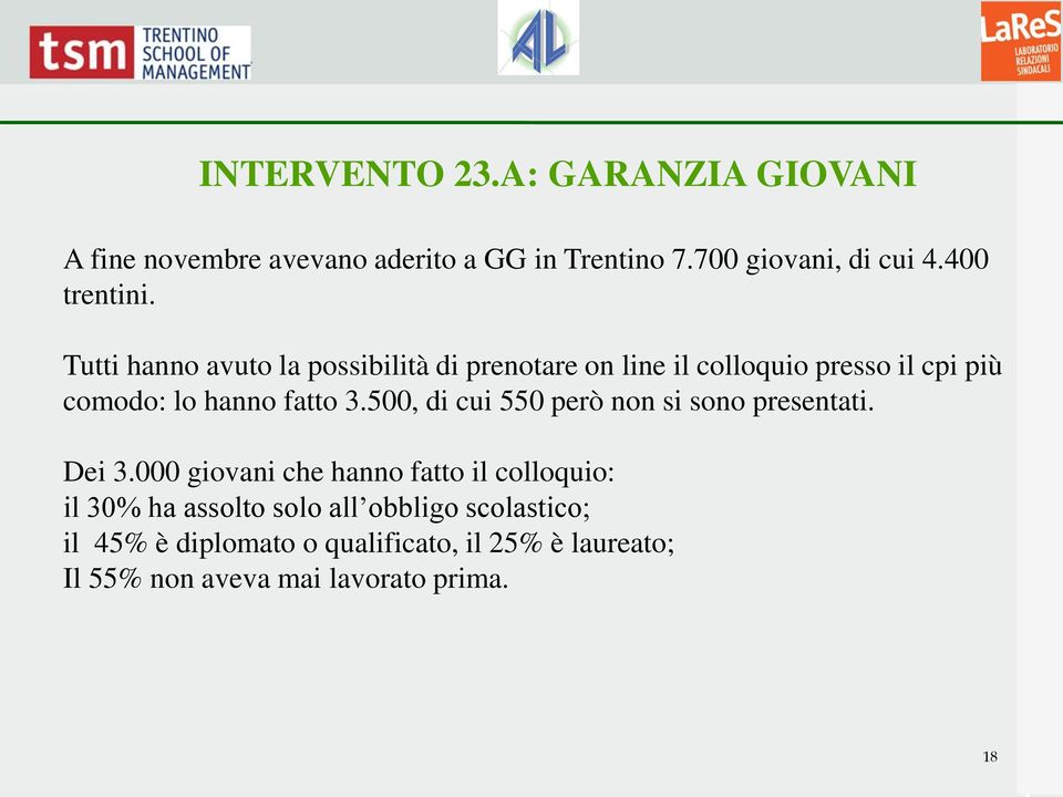 Tutti hanno avuto la possibilità di prenotare on line il colloquio presso il cpi più comodo: lo hanno fatto 3.