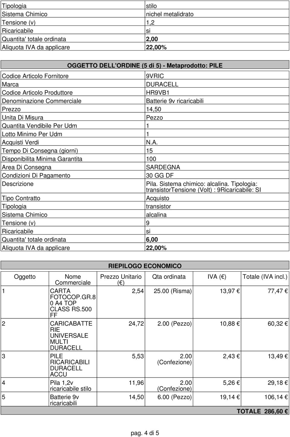 500 2 CARICABATTE RIE UNIVERSALE MULTI 3 PILE RICARICABILI ACCU 4 Pila 1,2v ricaricabile stilo 5 Batterie 9v ricaricabili RIEPILOGO ECONOMICO Prezzo Unitario Qta ordinata IVA ( ) Totale