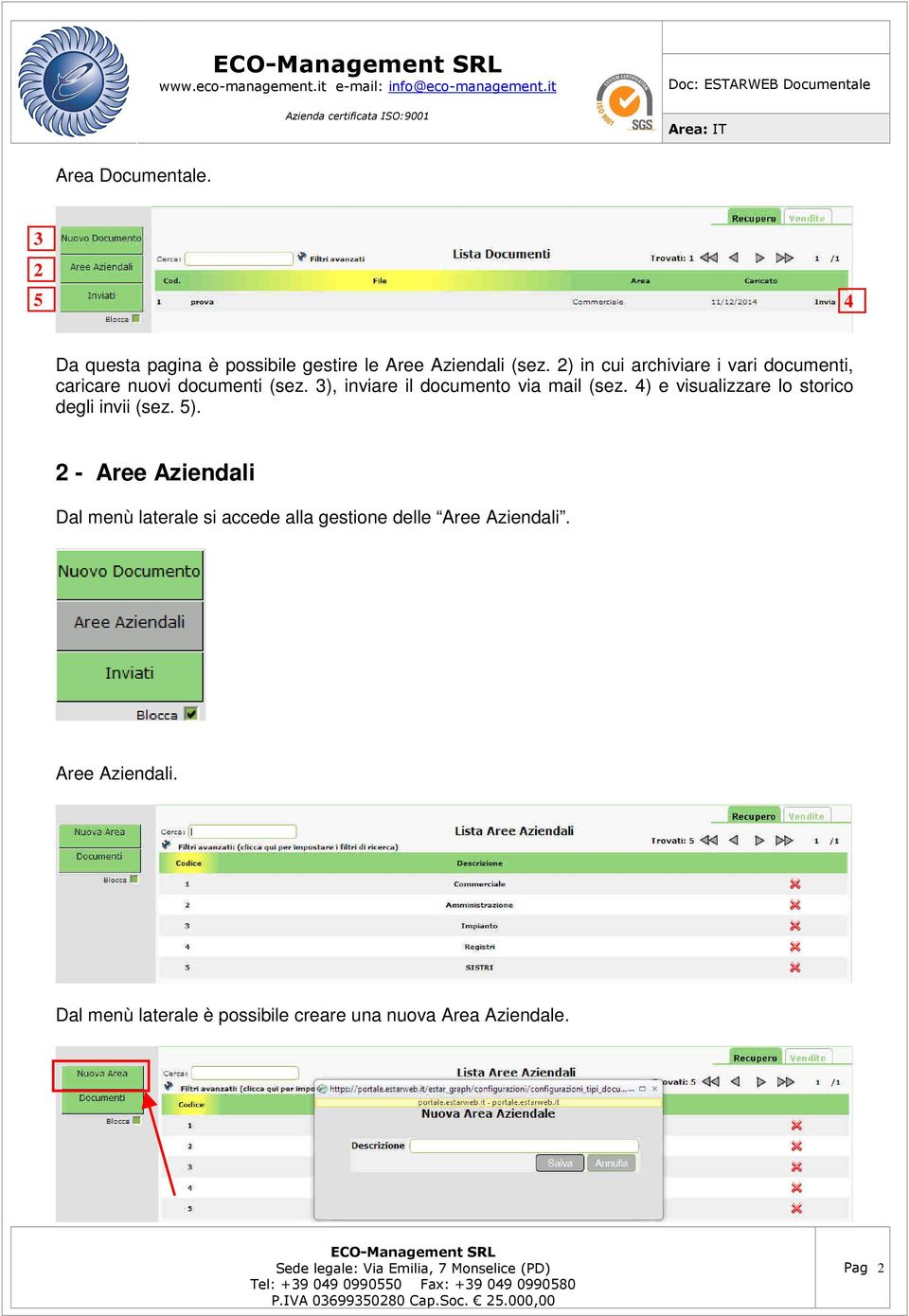 3), inviare il documento via mail (sez. 4) e visualizzare lo storico degli invii (sez. 5).