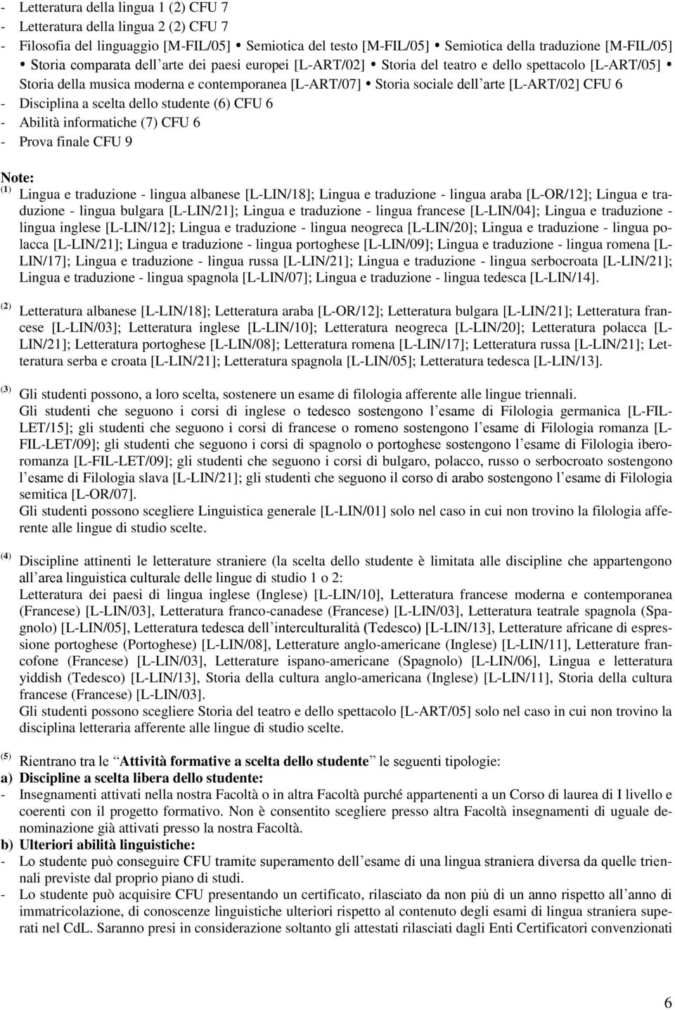 Disciplina a scelta dello studente (6) CFU 6 - Abilità informatiche (7) CFU 6 - Prova finale CFU 9 Note: (1) Lingua e traduzione - lingua albanese [L-LIN/18]; Lingua e traduzione - lingua araba