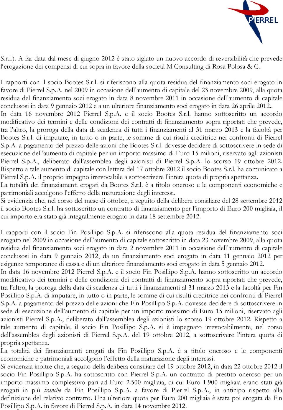 . I rapporti con il socio Bootes S.r.l. si riferiscono alla quota residua del finanziamento soci erogato in favore di Pierrel S.p.A.