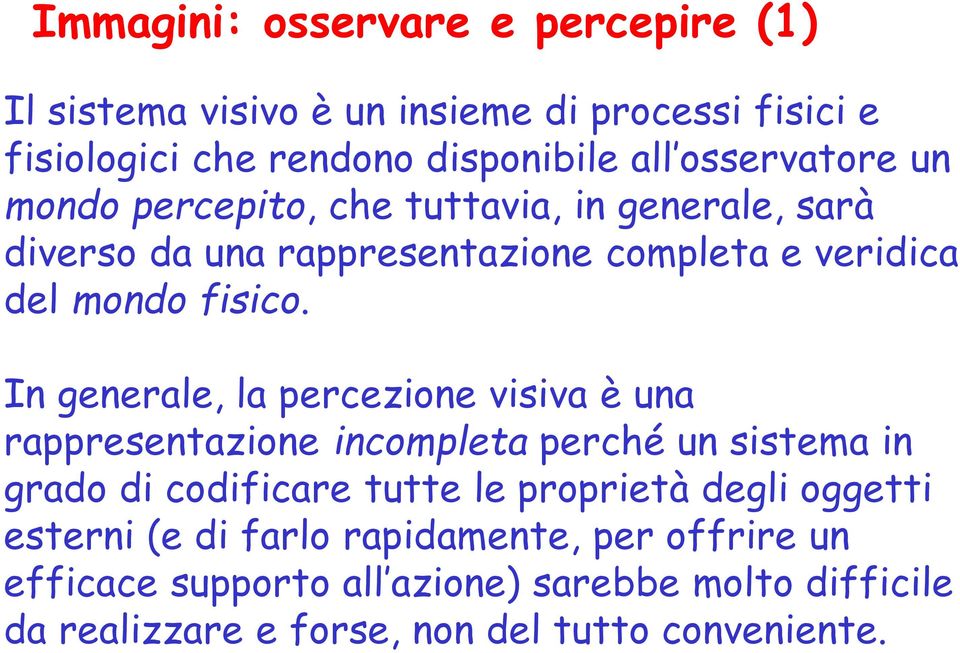 In generale, la percezione visiva è una rappresentazione incompleta perché un sistema in grado di codificare tutte le proprietà degli