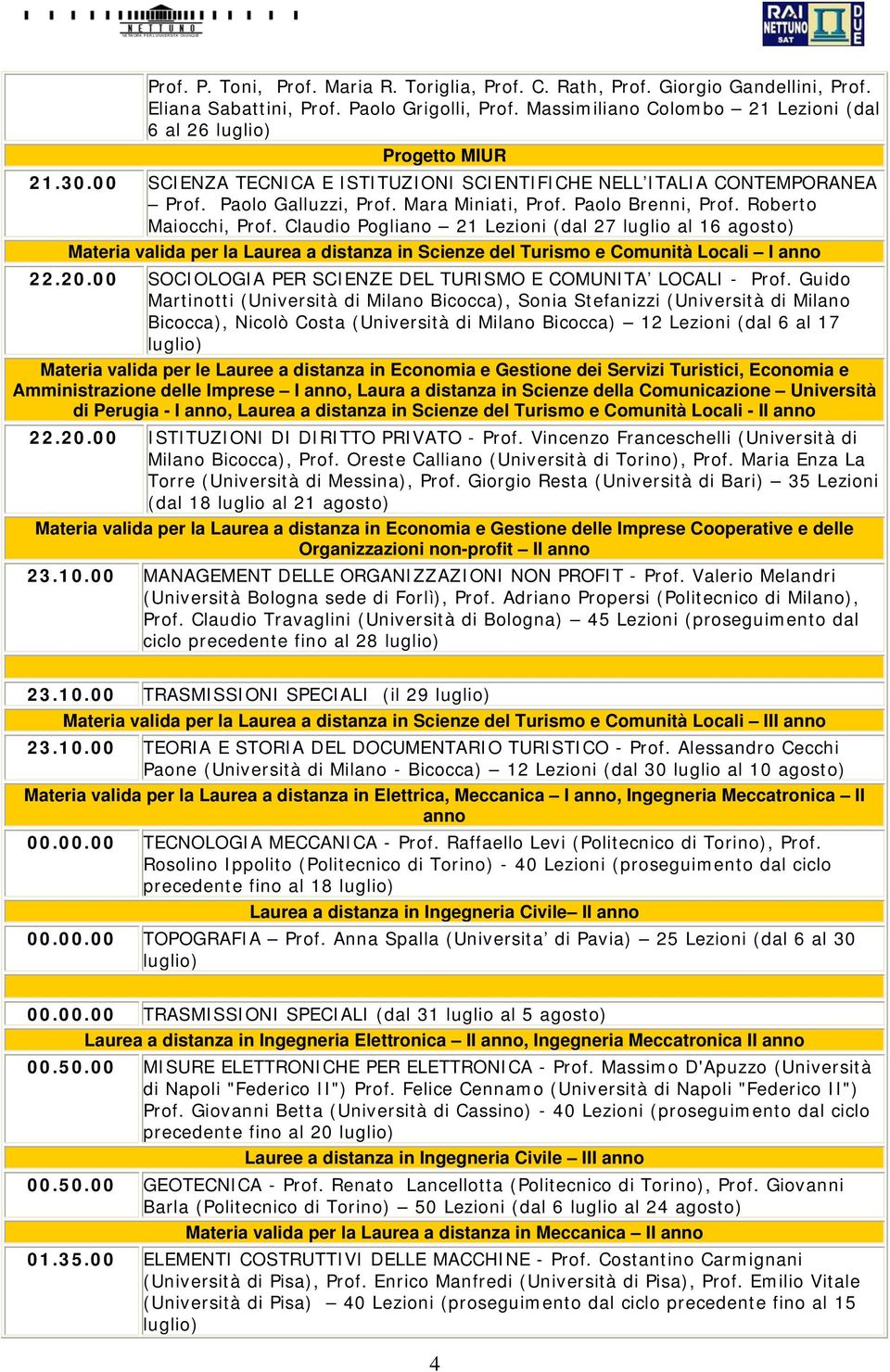 Claudio Pogliano 21 Lezioni (dal 27 luglio al 16 agosto) Materia valida per la Laurea a distanza in Scienze del Turismo e Comunità Locali I anno 22.20.