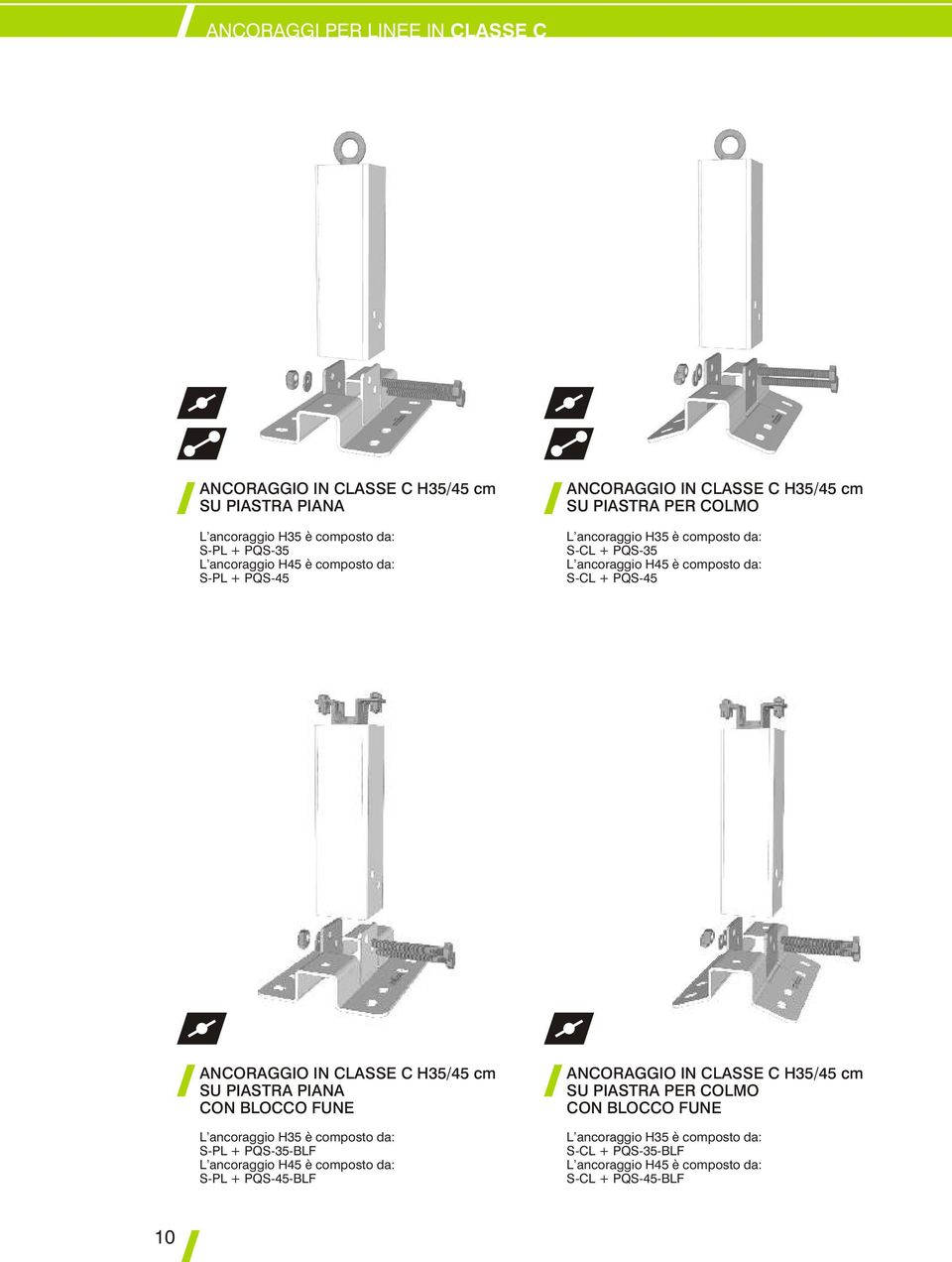 ANCORAGGIO IN CLASSE C H35/45 cm SU PIASTRA PIANA CON BLOCCO FUNE L ancoraggio H35 è composto da: S-PL + PQS-35-BLF L ancoraggio H45 è composto da: S-PL +