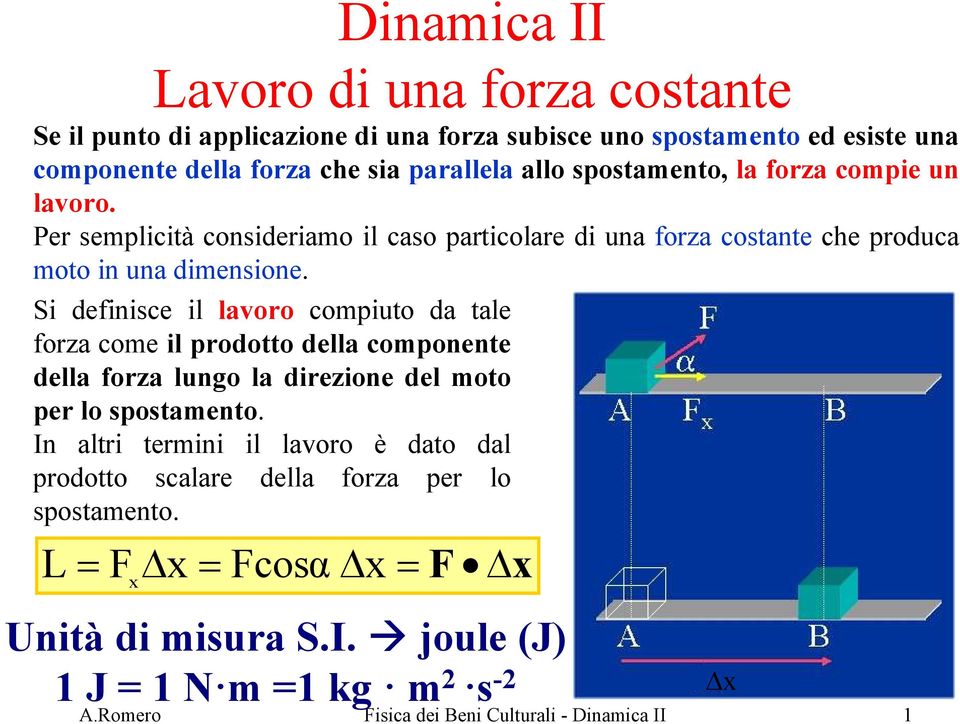 Si definisce il lavoro compiuto da tale forza come il prodotto della componente della forza lungo la direzione del moto per lo spostamento.