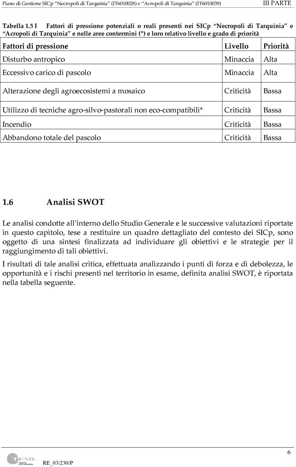 pressione Livello Priorità Disturbo antropico Minaccia Alta Eccessivo carico di pascolo Minaccia Alta Alterazione degli agroecosistemi a mosaico Criticità Bassa Utilizzo di tecniche