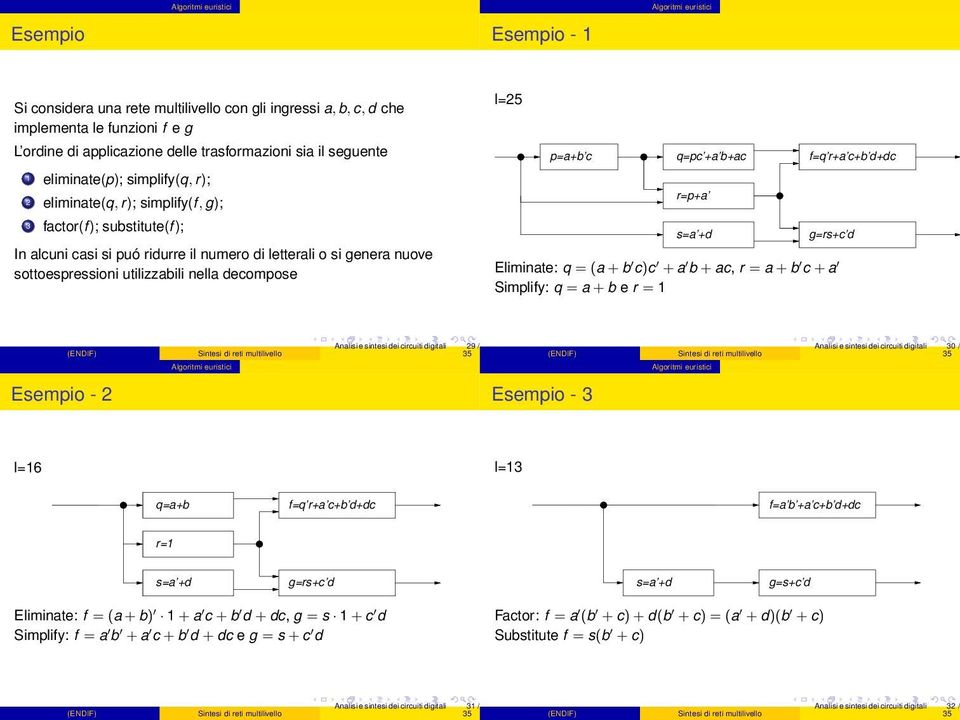 l=25 p=a+b c q=pc +a b+ac r=p+a s=a +d g=rs+c d Eliminate: q = (a + b c)c + a b + ac, r = a + b c + a Simplify: q = a + b e r = 1 f=q r+a c+b d+dc Analisi e sintesi dei circuiti digitali 29 / Analisi