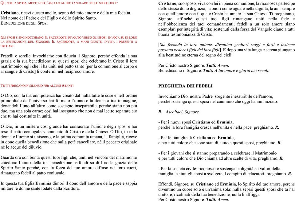 IL SACERDOTE, RIVOLTO VERSO GLI SPOSI, INVOCA SU DI LORO LA BENEDIZIONE DEL SIGNORE: IL SACERDOTE, A MANI GIUNTE, INVITA I PRESENTI A PREGARE Fratelli e sorelle, invochiamo con fiducia il Signore,