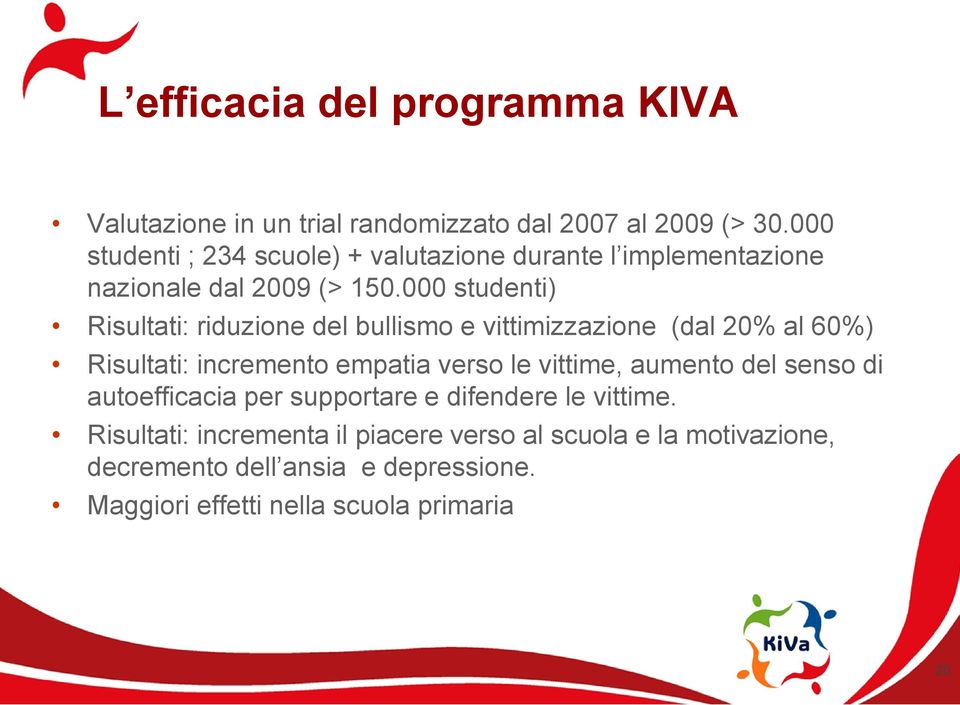 000 studenti) Risultati: riduzione del bullismo e vittimizzazione (dal 20% al 60%) Risultati: incremento empatia verso le vittime,