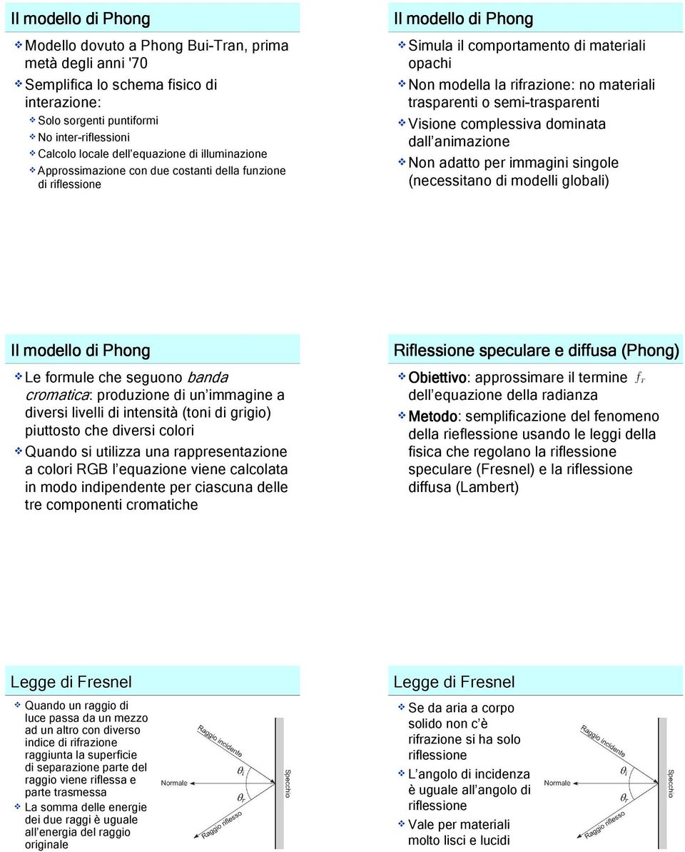 semi-trasparenti Visione complessiva dominata dall animazione Non adatto per immagini singole (necessitano di modelli globali) Il modello di Phong Le formule che seguono banda cromatica: produzione