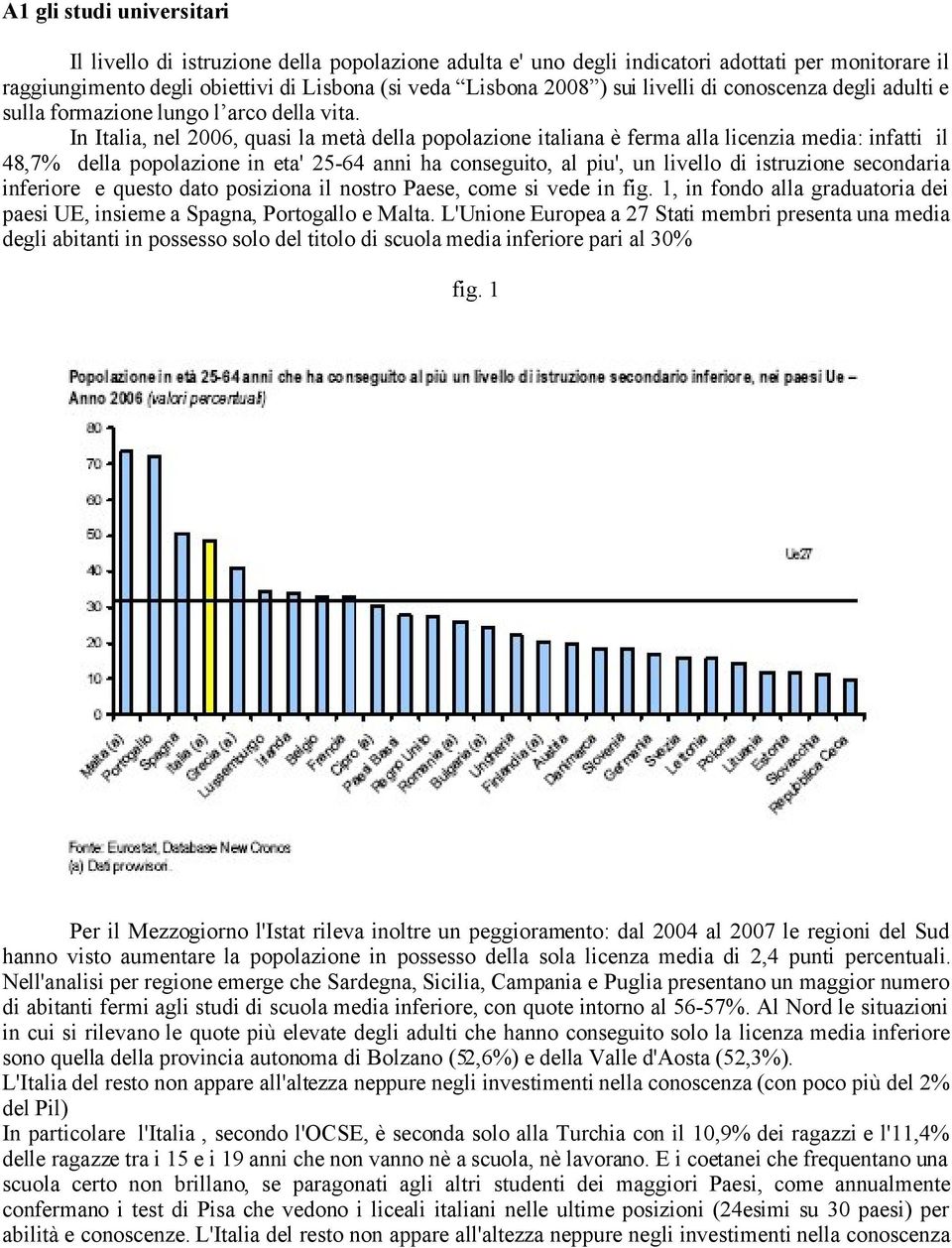 In Italia, nel 2006, quasi la metà della popolazione italiana è ferma alla licenzia media: infatti il 48,7% della popolazione in eta' 25-64 anni ha conseguito, al piu', un livello di istruzione