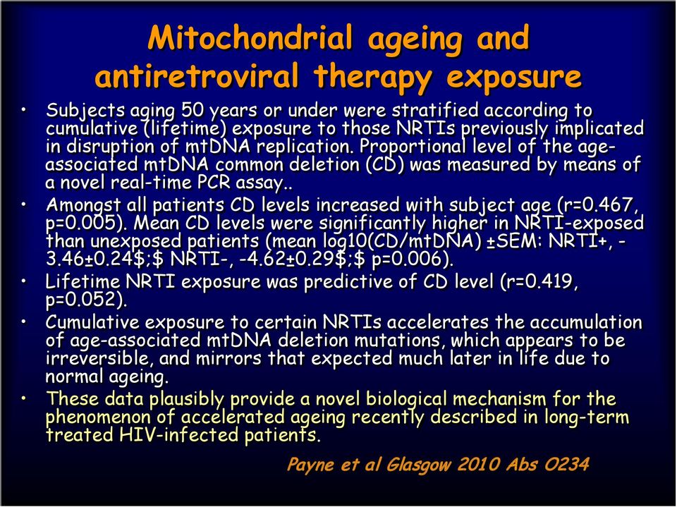 . Amongst all patients CD levels increased with subject age (r=0.467, p=0.005). Mean CD levels were significantly higher in NRTI-exposed than unexposed patients (mean log10(cd/mtdna) ±SEM: NRTI+, - 3.