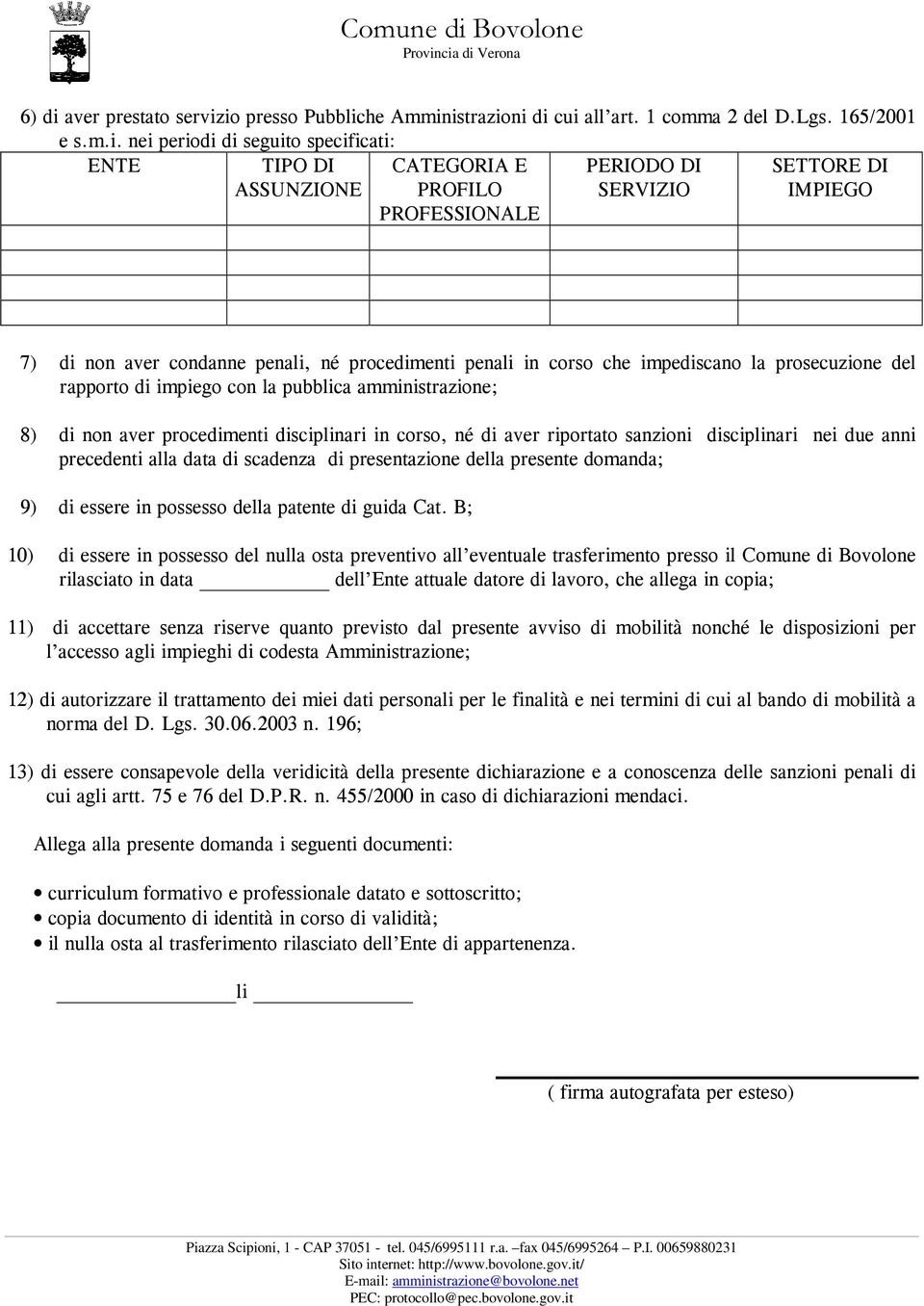 io presso Pubbliche Amministrazioni di cui all art. 1 comma 2 del D.Lgs. 165/2001 e s.m.i. nei periodi di seguito specificati: ENTE TIPO DI ASSUNZIONE CATEGORIA E PROFILO PROFESSIONALE PERIODO DI