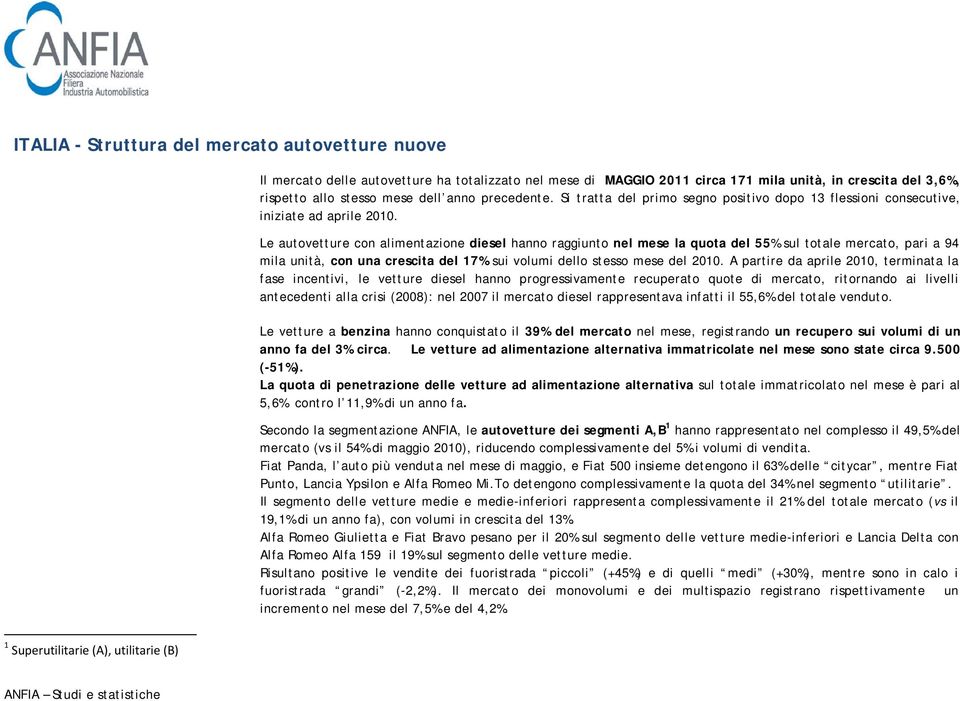 Le autovetture con alimentazione diesel hanno raggiunto nel mese la quota del 55% sul totale mercato, pari a 94 mila unità, con una crescita del 17% sui volumi dello stesso mese del 2010.