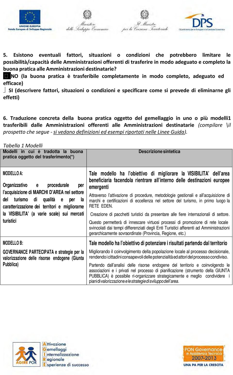 NO (la buona pratica è trasferibile completamente in modo completo, adeguato ed efficace) (descrivere fattori, situazioni o condizioni e specificare come si prevede di eliminarne gli effetti) 6.