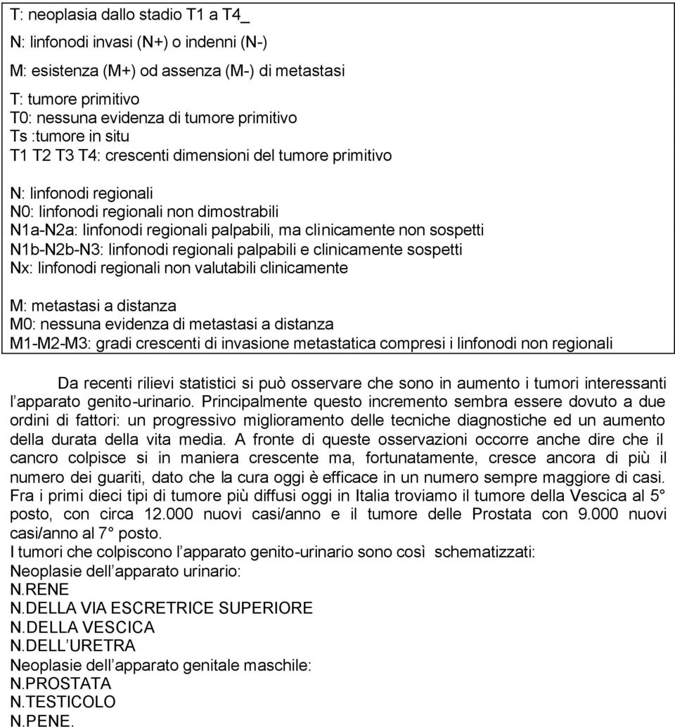 N1b-N2b-N3: linfonodi regionali palpabili e clinicamente sospetti Nx: linfonodi regionali non valutabili clinicamente M: metastasi a distanza M0: nessuna evidenza di metastasi a distanza M1-M2-M3: