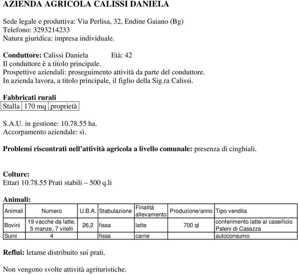 Problemi riscontrati nell attività agricola a livello comunale: presenza di cinghiali. Ettari 10.78.55 Prati stabili 500 q.li An