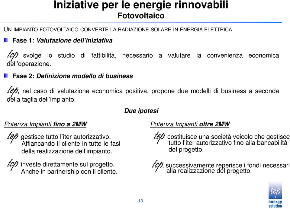 Fase 2: Definizione modello di business tep, nel caso di valutazione economica positiva, propone due modelli di business a seconda della taglia dell impianto.