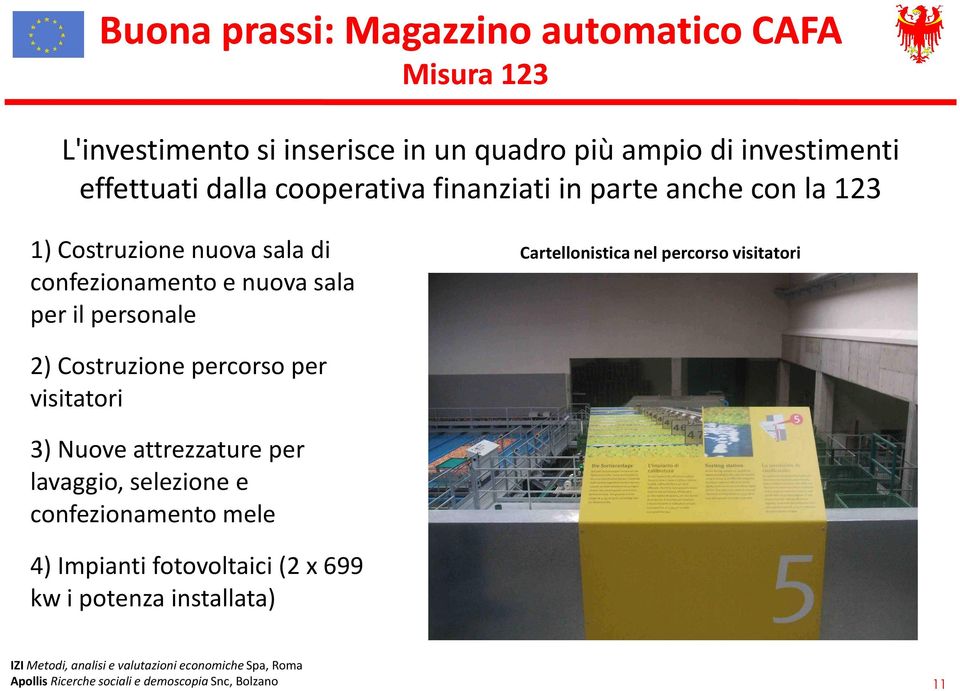 Cartellonistica nel percorso visitatori 2) Costruzione percorso per visitatori 3) Nuove attrezzature per lavaggio, selezione e