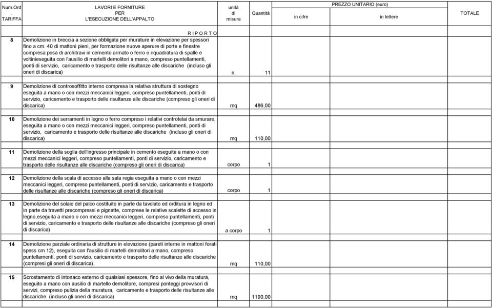 (incluso gli oneri scarica) n 11 9 Demolizione controsoffitto interno compresa la relativa struttura sostegno eseguita a mano o con mezzi meccanici leggeri, compreso puntellamenti, ponti servizio,