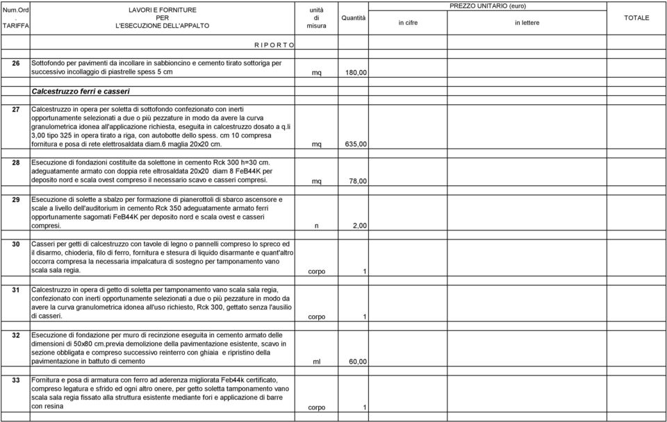 calcestruzzo dosato a qli 3,00 tipo 325 in opera tirato a riga, con autobotte dello spess cm 10 compresa fornitura e posa rete elettrosaldata am6 maglia 20x20 cm mq 635,00 28 Esecuzione fondazioni