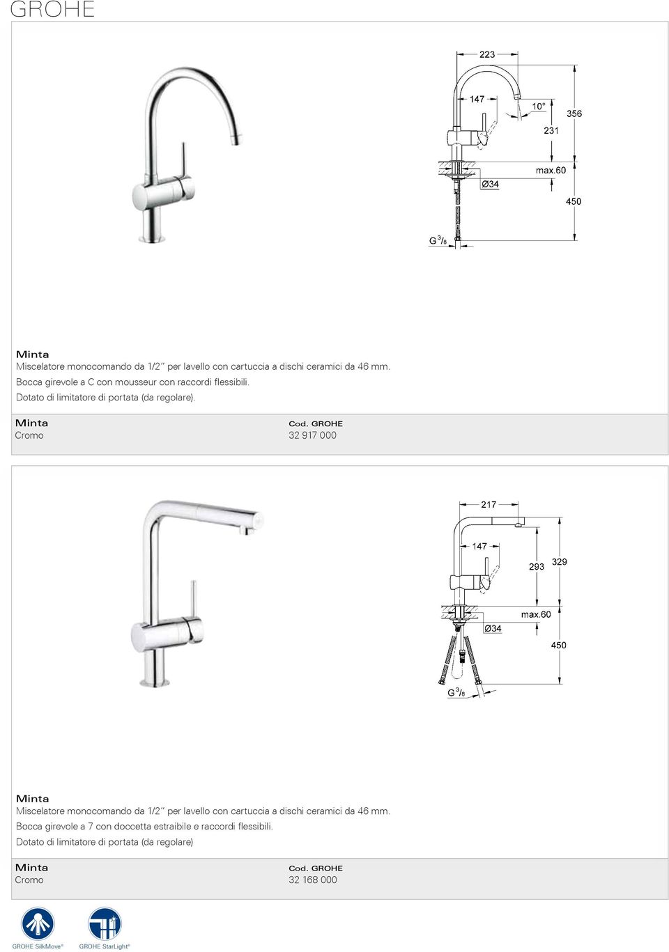 GROHE Cromo 32 917 000  Bocca girevole a 7 con doccetta estraibile e raccordi flessibili.