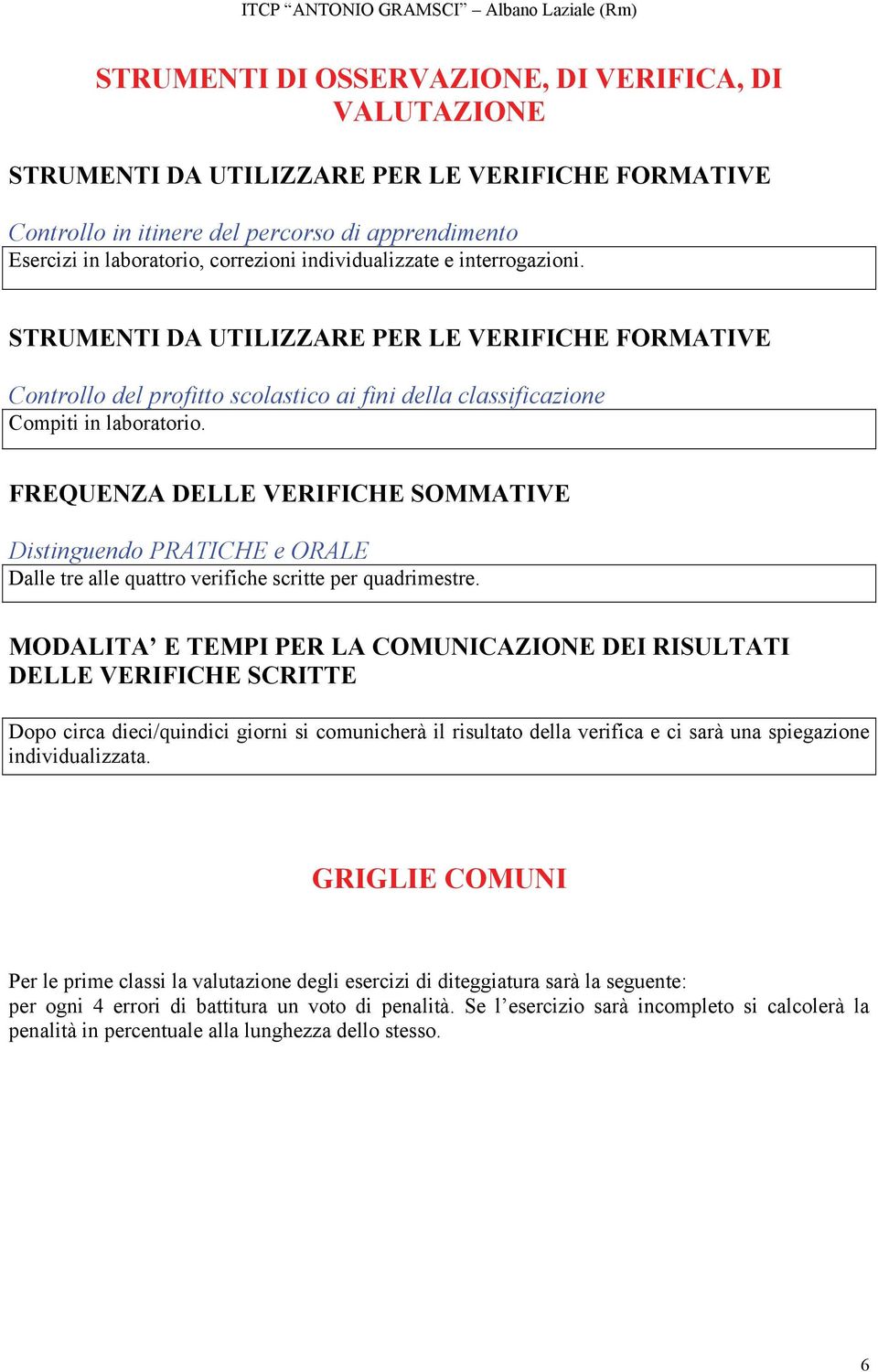 FREQUENZA DELLE VERIFICHE SOMMATIVE Distinguendo PRATICHE e ORALE Dalle tre alle quattro verifiche scritte per quadrimestre.