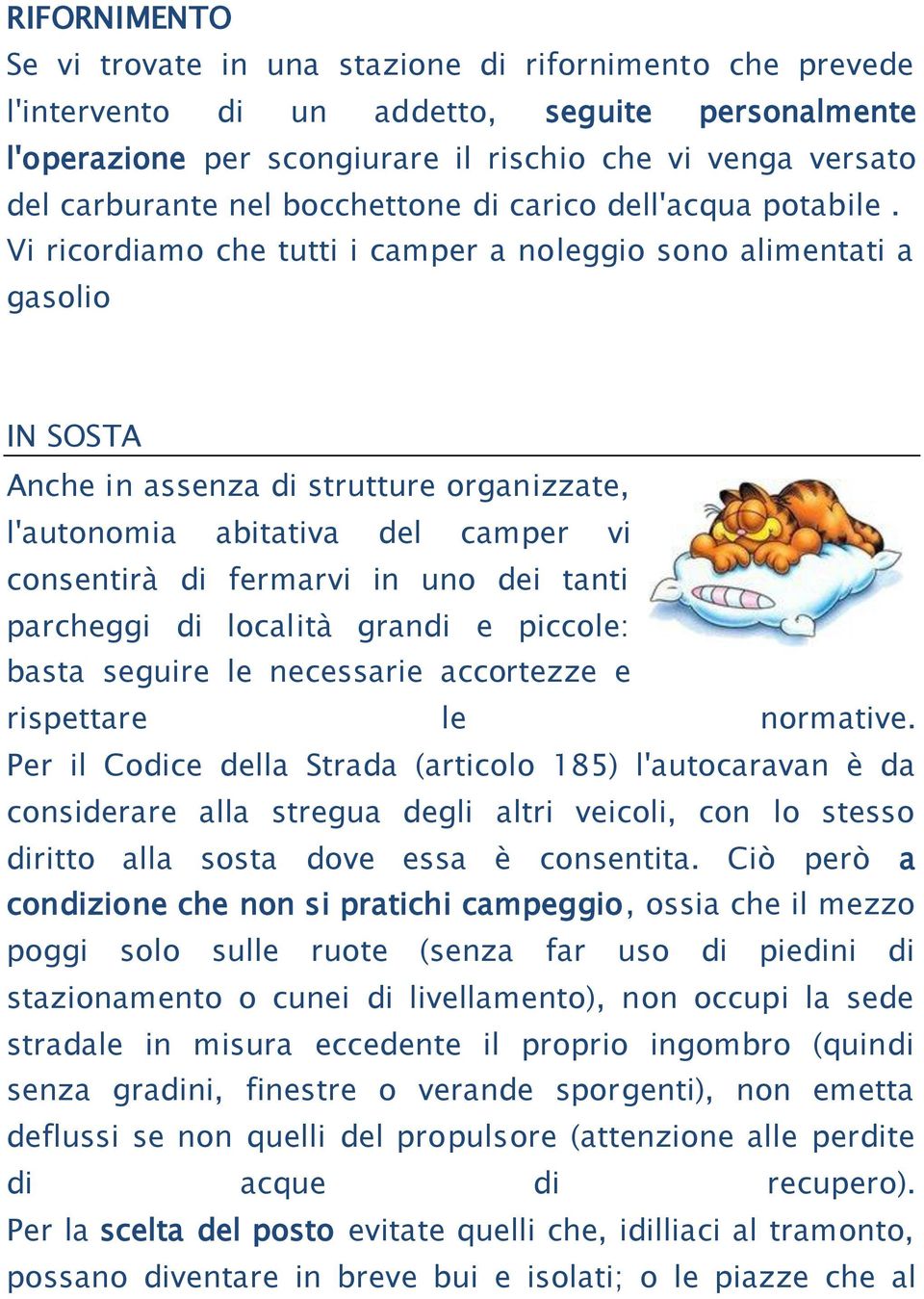 Vi ricordiamo che tutti i camper a noleggio sono alimentati a gasolio IN SOSTA Anche in assenza di strutture organizzate, l'autonomia abitativa del camper vi consentirà di fermarvi in uno dei tanti