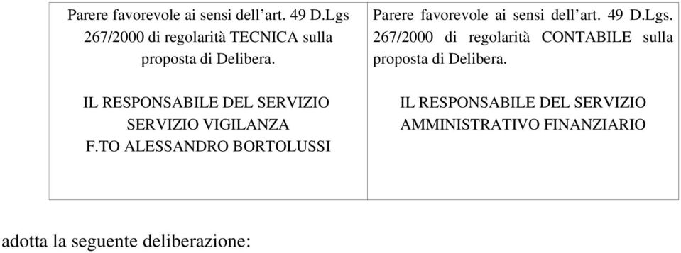 IL RESPONSABILE DEL SERVIZIO SERVIZIO VIGILANZA F.TO ALESSANDRO BORTOLUSSI Lgs.