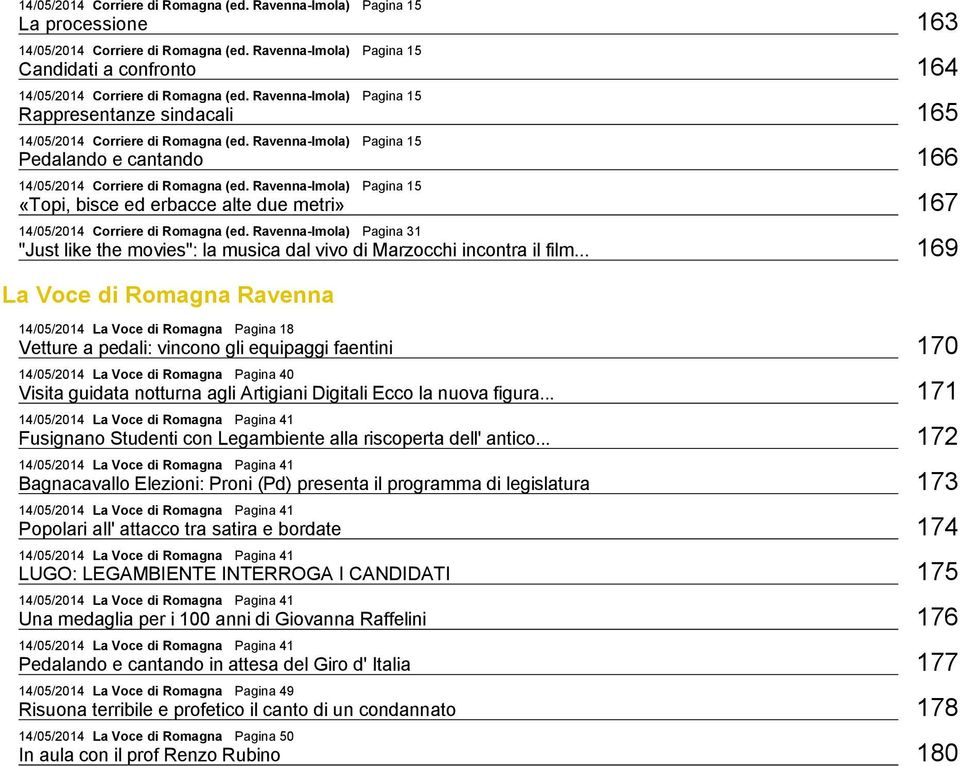 Ravenna Imola) Pagina 15 Pedalando e cantando 166 14/05/2014 Corriere di Romagna (ed. Ravenna Imola) Pagina 15 «Topi, bisce ed erbacce alte due metri» 167 14/05/2014 Corriere di Romagna (ed.