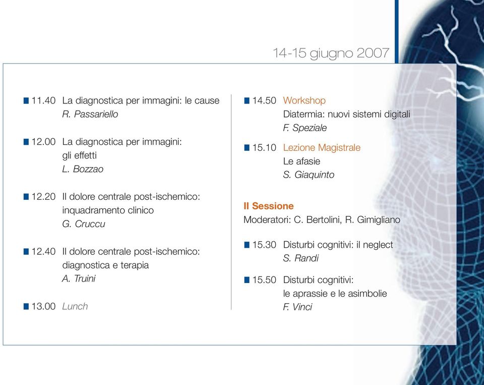 Truini 13.00 Lunch 14.50 Workshop Diatermia: nuovi sistemi digitali F. Speziale 15.10 Lezione Magistrale Le afasie S.