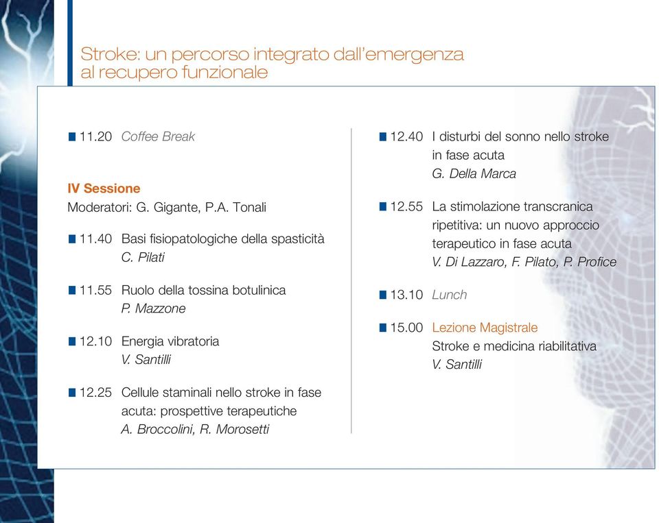 40 I disturbi del sonno nello stroke in fase acuta G. Della Marca 12.55 La stimolazione transcranica ripetitiva: un nuovo approccio terapeutico in fase acuta V.