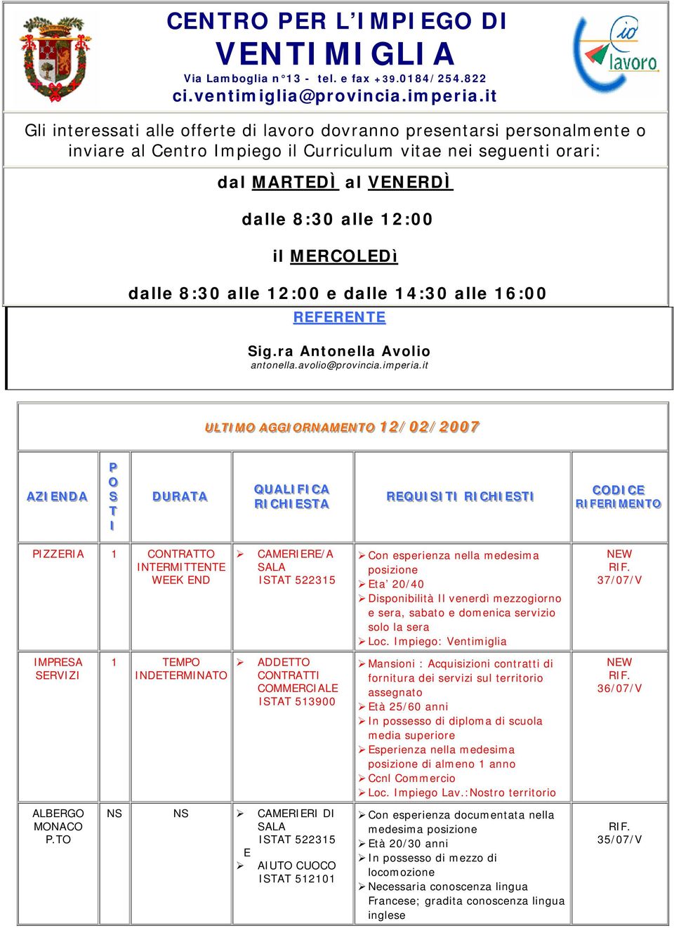 MERCLEDì dalle 8:30 alle 12:00 e dalle 14:30 alle 16:00 REFERENTE Sig.ra Antonella Avolio antonella.avolio@provincia.imperia.