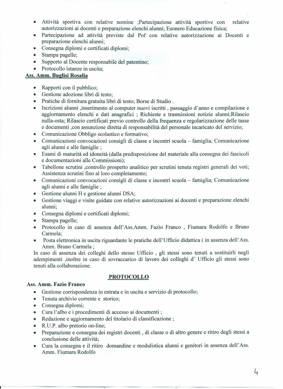 Protocollo istanze in uscita; Asso Ammo Buglisi Rosalia Rapporti con il pubblico; Gestione adozione libri di testo; Pratiche di fornitura gratuita libri di testo; Borse di Studio.
