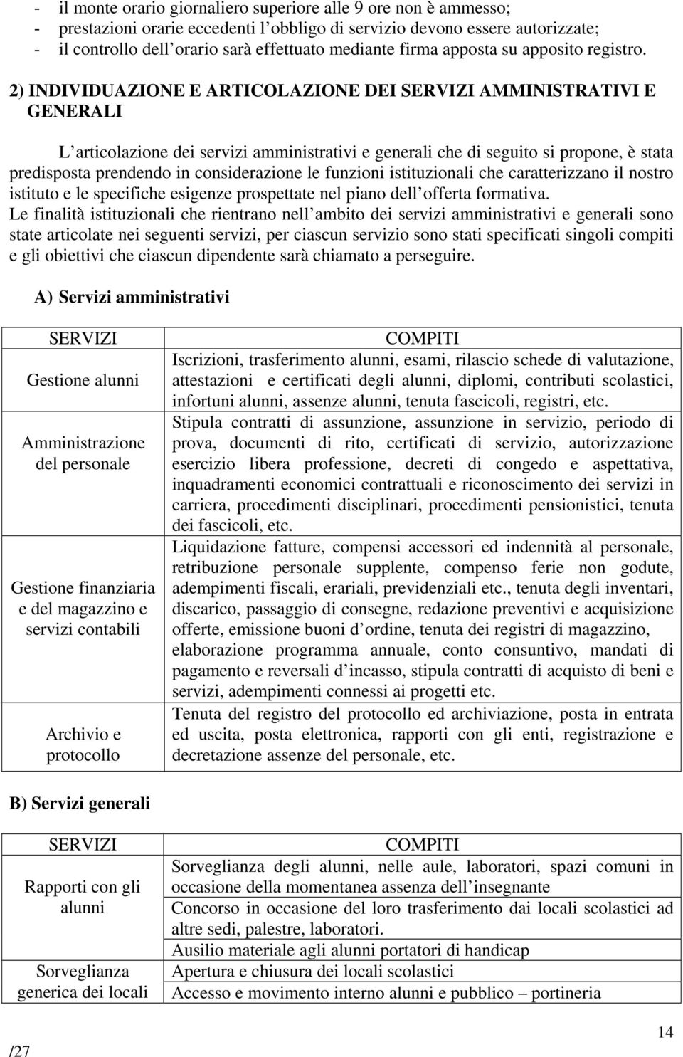 2) INDIVIDUAZIONE E ARTICOLAZIONE DEI SERVIZI AMMINISTRATIVI E GENERALI L articolazione dei servizi amministrativi e generali che di seguito si propone, è stata predisposta prendendo in