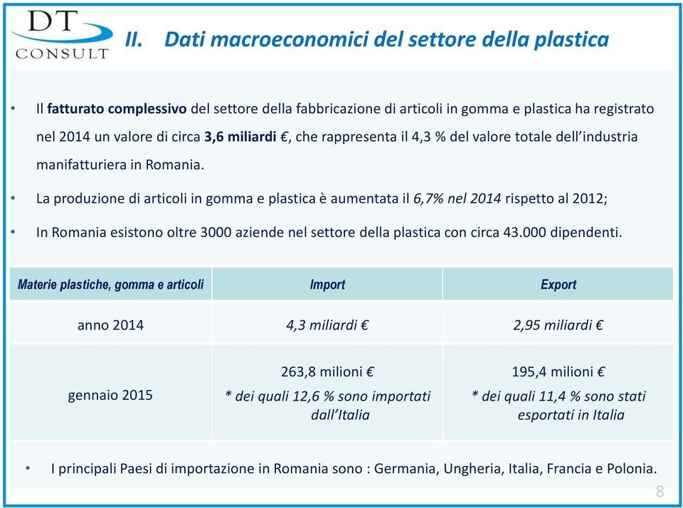 La produzione di articoli in gomma e plastica è aumentata il 6,7% nel 2014 rispetto al 2012; In Romania esistono oltre 3000 aziende nel settore della plastica con circa 43.000 dipendenti.