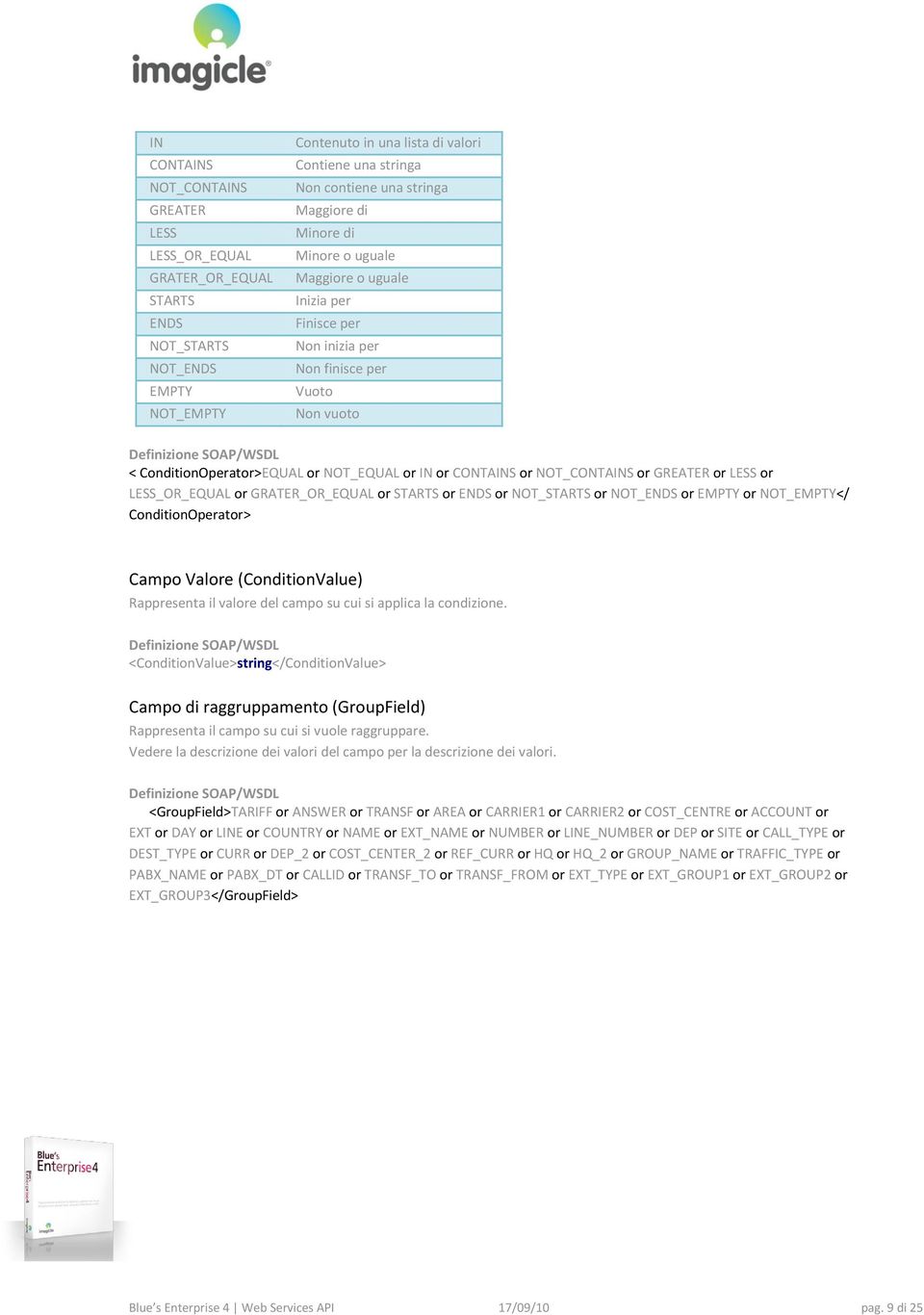 NOT_CONTAINS or GREATER or LESS or LESS_OR_EQUAL or GRATER_OR_EQUAL or STARTS or ENDS or NOT_STARTS or NOT_ENDS or EMPTY or NOT_EMPTY</ ConditionOperator> Campo Valore (ConditionValue) Rappresenta il