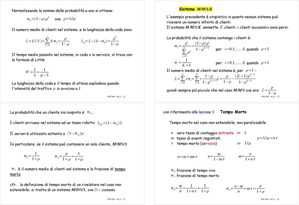 lect_6 21 Sistema M/M/1/K L'esempio precedente è utopistico in quanto nessun sistema può ricevere un numero infinito di clienti. Il sistema M/M/1/K ammette K clienti; i clienti successivi sono persi.