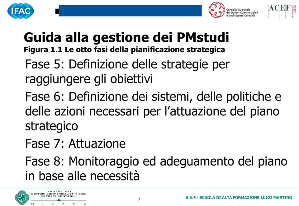 raggiungere gli obiettivi Fase 6: Definizione dei sistemi, delle politiche e delle