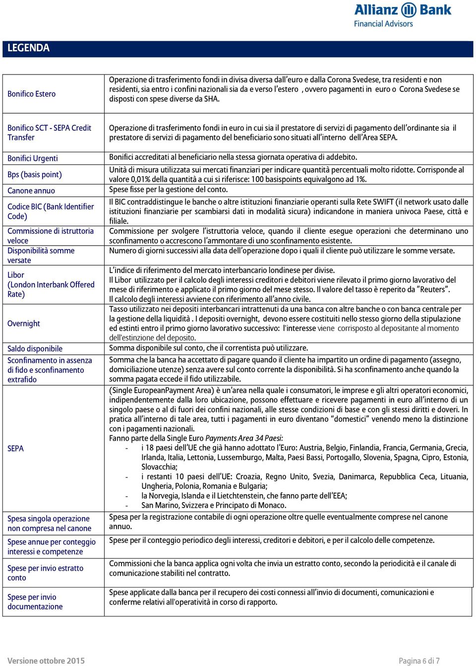 Bonifico SCT - SEPA Credit Transfer Bonifici Urgenti Bps (basis point) Canone annuo Codice BIC (Bank Identifier Code) Commissione di istruttoria veloce Disponibilità somme versate Libor (London