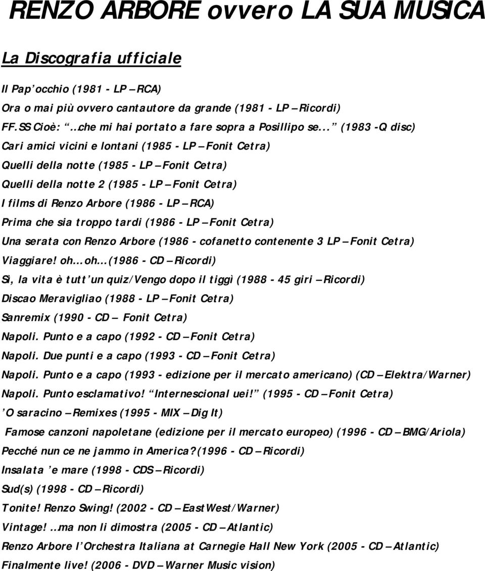 .. (1983 -Q disc) Cari amici vicini e lontani (1985 - LP Fonit Cetra) Quelli della notte (1985 - LP Fonit Cetra) Quelli della notte 2 (1985 - LP Fonit Cetra) I films di Renzo Arbore (1986 - LP RCA)