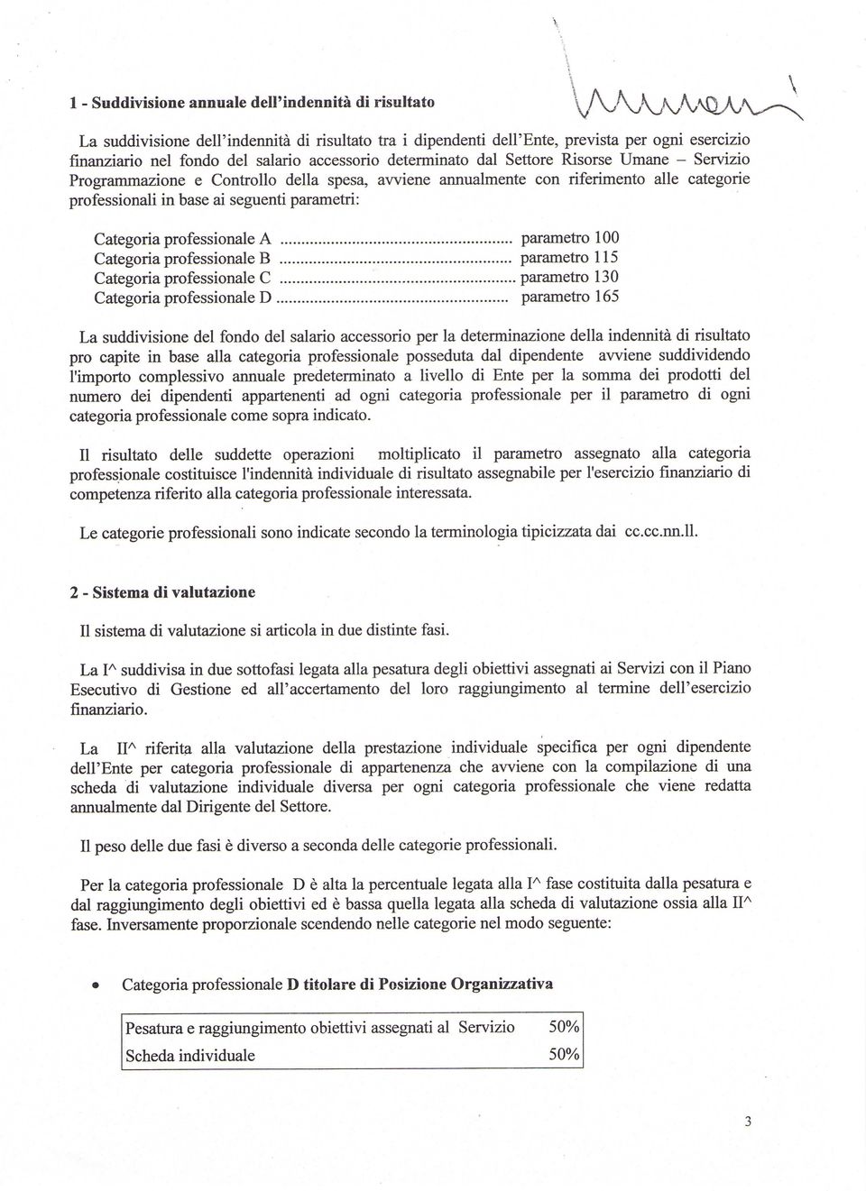 professionale A parametro 100 Categoria professionale B parametro 115 Categoria professionale C parametro 130 Categoria professionale D parametro 165 La suddivisione del fondo del salario accessorio