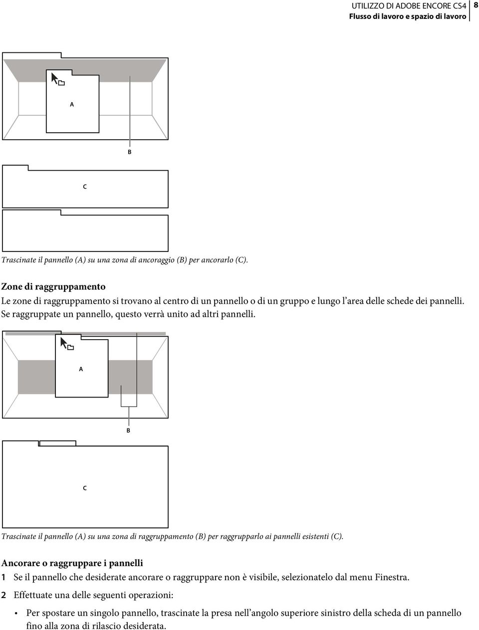 Se raggruppate un pannello, questo verrà unito ad altri pannelli. A B C Trascinate il pannello (A) su una zona di raggruppamento (B) per raggrupparlo ai pannelli esistenti (C).